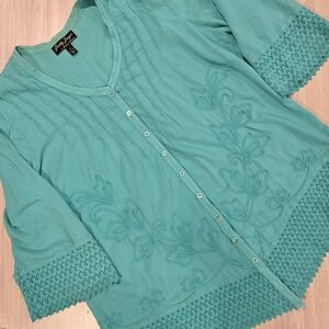 GRETTY ZUEGER Tunic Top Boho Embroidered Peasant Crochet Lace Vneck Turquoise XL